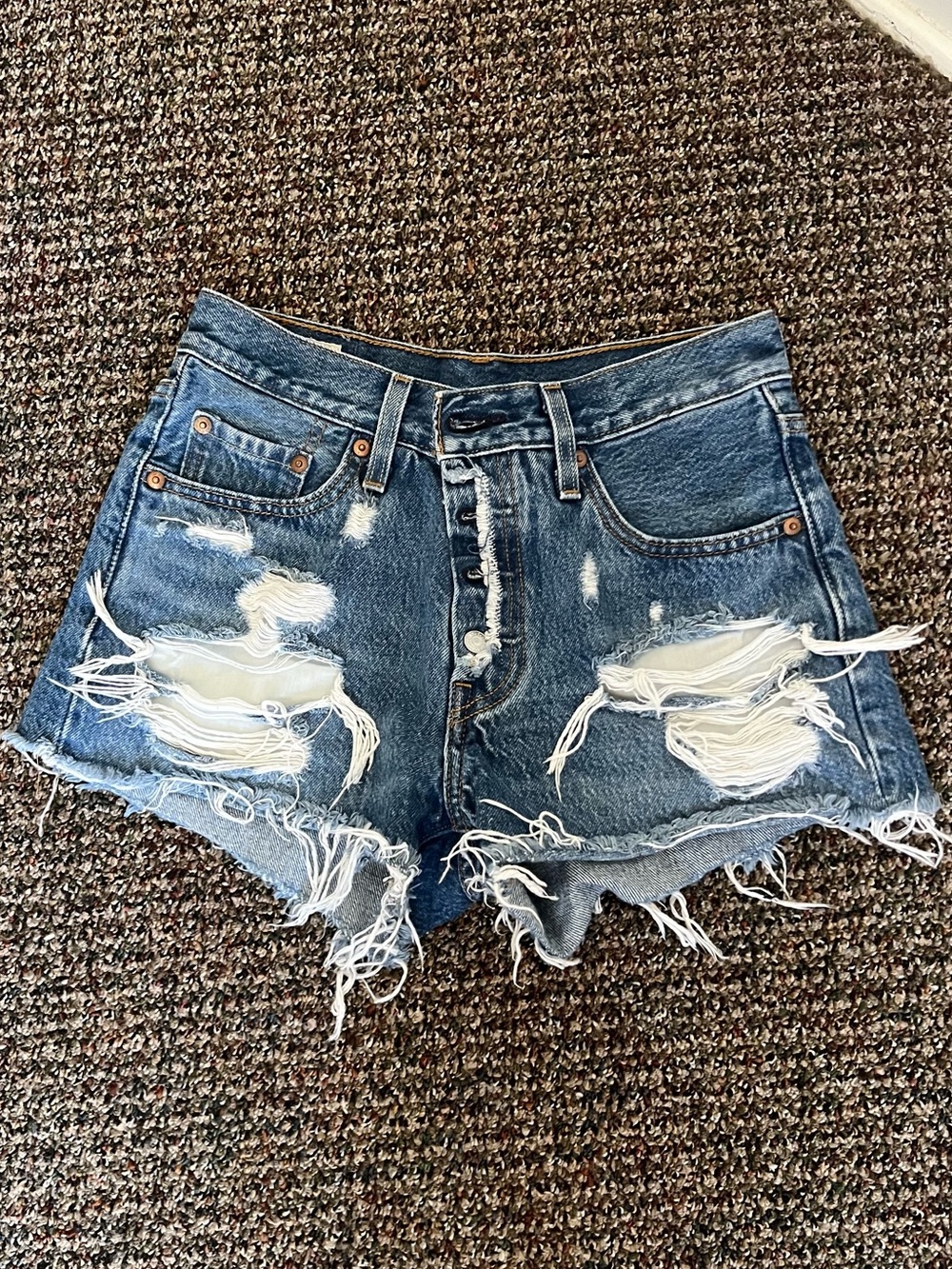 Levi's Distressed Dark Blue Denim Cutoff Shorts